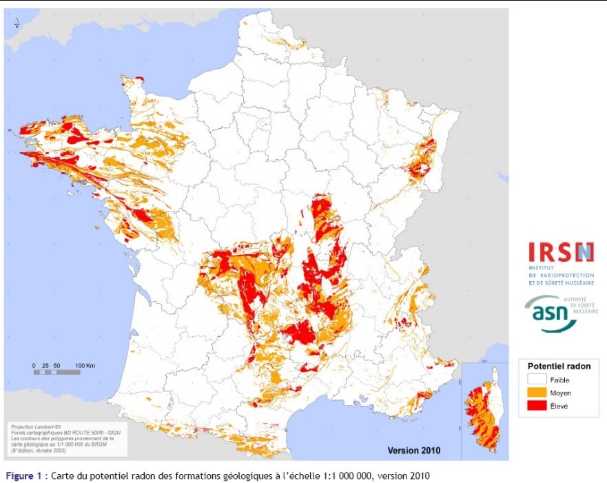 Carte du potentiel radon en France. Source : IRSN.