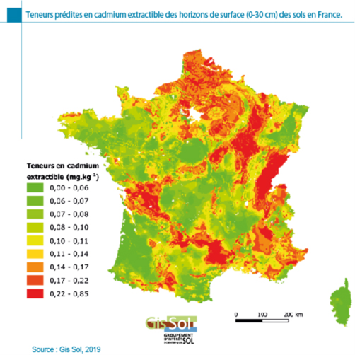 Figure 1. Teneur estimée des sols en Cadmium en France métropolitaine