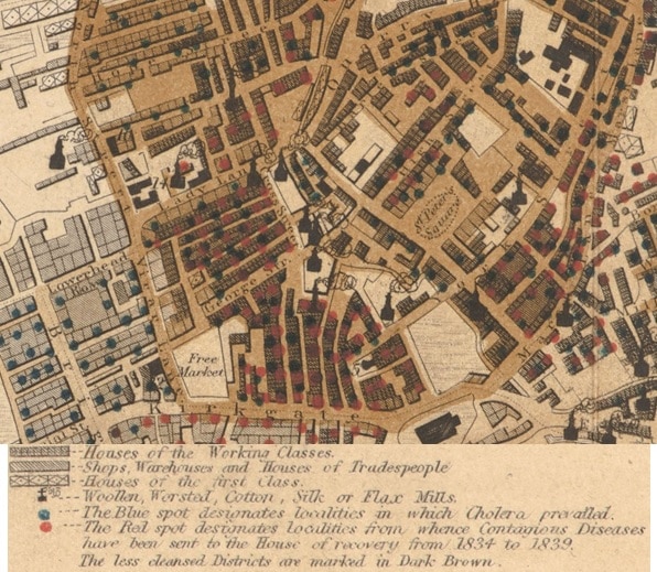 Figure 2. Extrait et légende d'une carte de Leeds de 1842 par Robert Baker, sur laquelle sont représentées conjointement des informations d’ordre sanitaire