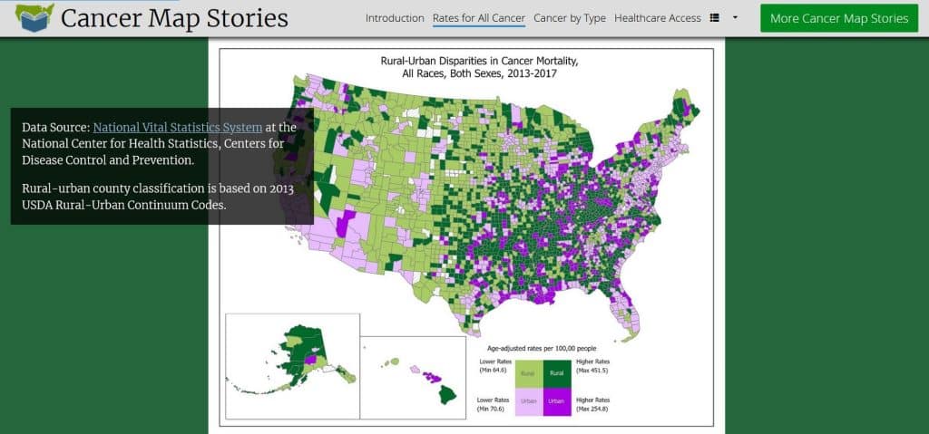 Figure 3. Carte des disparités de mortalité dûe au cancer entre zones rurales et urbaines visualisable sur un des sites du National Health Institute américain © NIH