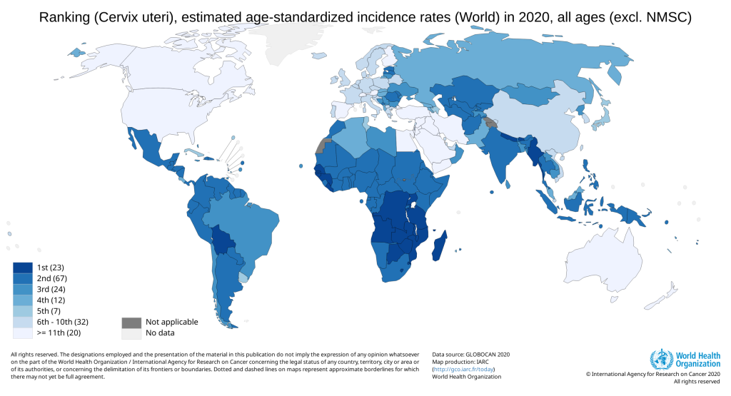 Taux d'incidence estimés du cancer du col de l'utérus, normalisés selon l'âge (Monde) en 2020, (Centre international de Recherche sur le Cancer, 2021)