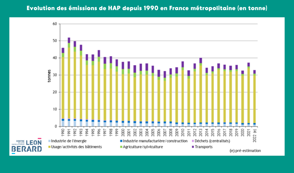 Figure 2. Evolution des émissions de HAP de 1990 à 2019 pour la France métropolitaine (en tonne). Source Robert 2020