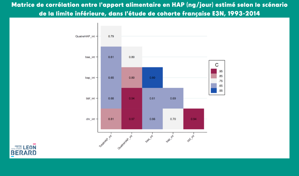 Figure 4. Matrice de corrélation entre l'apport alimentaire en HAP (en ng par jour) estimé selon le scénario de la limite inférieure, dans l'étude de cohorte française E3N, 1993-2014